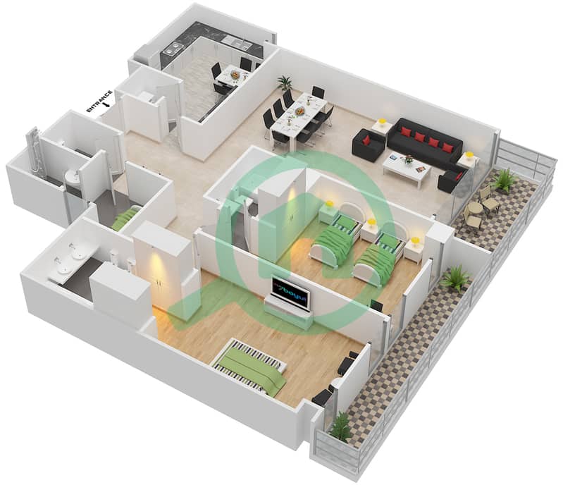 المخططات الطابقية لتصميم النموذج B شقة 2 غرفة نوم - بنايات البادية interactive3D