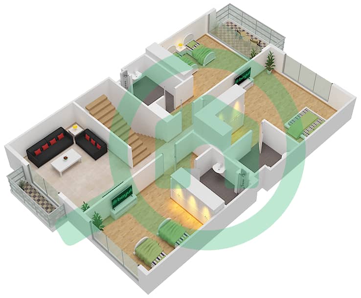 المخططات الطابقية لتصميم النموذج A فیلا 4 غرف نوم - اشبيلية First Floor interactive3D