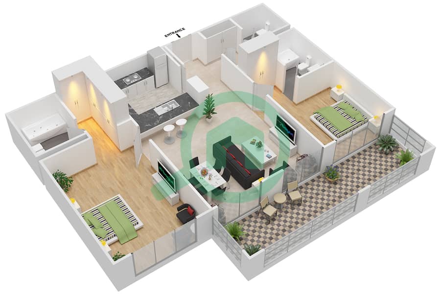 المخططات الطابقية لتصميم التصميم 2A شقة 2 غرفة نوم - برج توريا B interactive3D