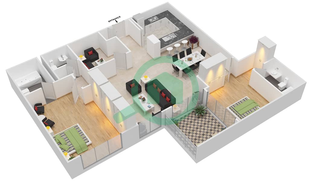 المخططات الطابقية لتصميم التصميم 5A شقة 2 غرفة نوم - برج توريا B interactive3D