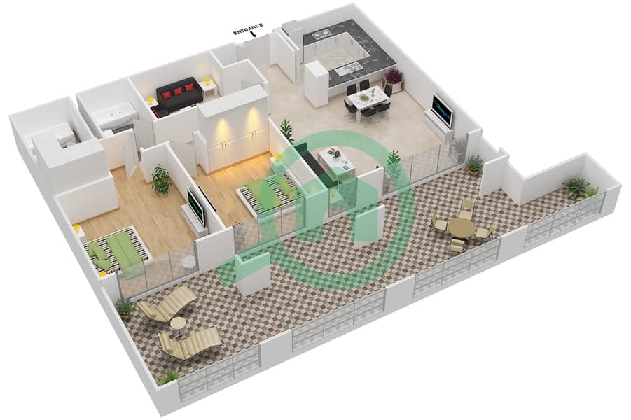 المخططات الطابقية لتصميم التصميم 15 شقة 2 غرفة نوم - برج توريا B interactive3D