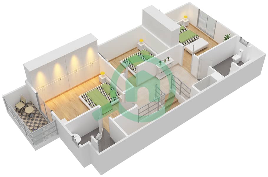 المخططات الطابقية لتصميم النموذج 1 شقة 3 غرف نوم - مجمع عذبة السكني Upper Floor interactive3D