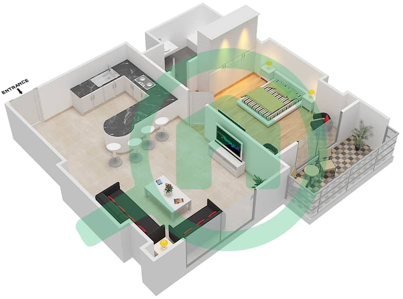 郊区大厦2号 - 1 卧室公寓类型F戶型图 Floor 4 interactive3D