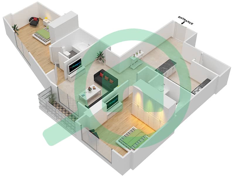 المخططات الطابقية لتصميم النموذج B شقة 2 غرفة نوم - برح صبربيا 2 Floor 4 interactive3D