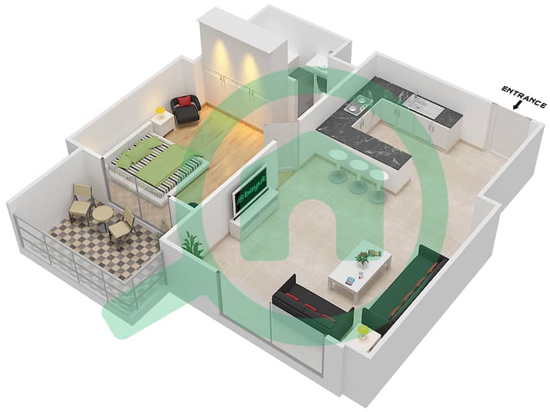 Suburbia Tower 2 - 1 Bedroom Apartment Type H Floor plan Floor 5-17 interactive3D