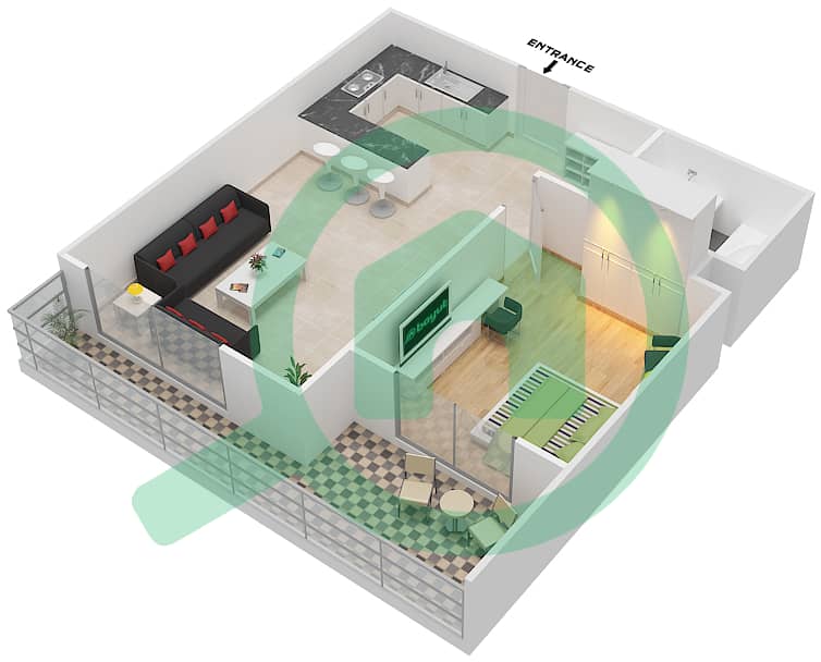 المخططات الطابقية لتصميم النموذج I شقة 1 غرفة نوم - برح صبربيا 2 Floor 5-17 interactive3D