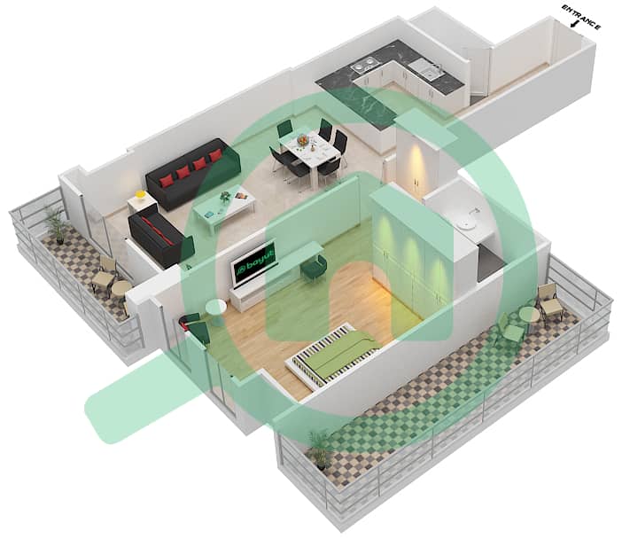 المخططات الطابقية لتصميم النموذج K شقة 1 غرفة نوم - برح صبربيا 2 Floor 5-17 interactive3D