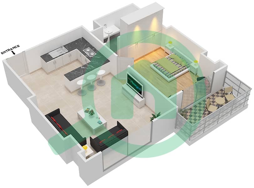 Suburbia Tower 2 - 1 Bedroom Apartment Type N Floor plan Floor 5-17 interactive3D