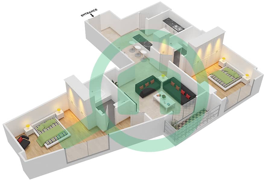 المخططات الطابقية لتصميم النموذج C شقة 2 غرفة نوم - برح صبربيا 2 Floor 5-17 interactive3D