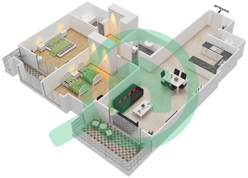 郊区大厦2号 - 2 卧室公寓类型D戶型图 Floor 5-17 interactive3D