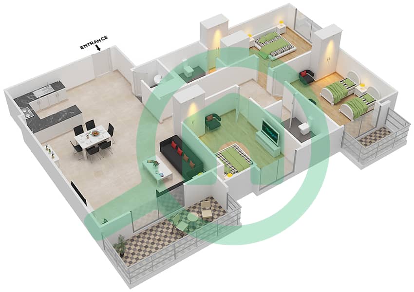 郊区大厦2号 - 3 卧室公寓类型B戶型图 Floor 5-17 interactive3D