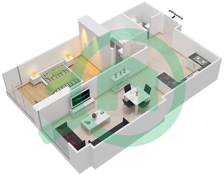 المخططات الطابقية لتصميم النموذج I شقة 1 غرفة نوم - برح صبربيا 2 Floor 1 interactive3D