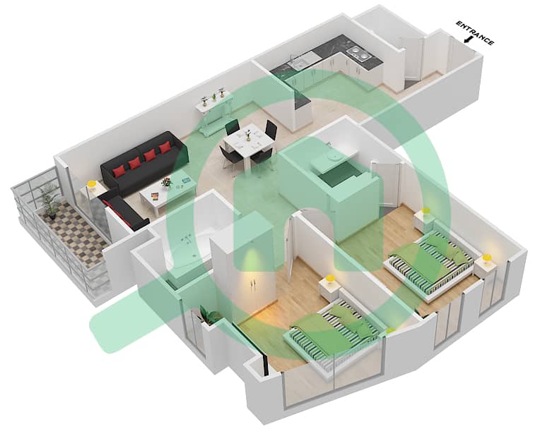 郊区大厦2号 - 2 卧室公寓类型J戶型图 Floor 1 interactive3D