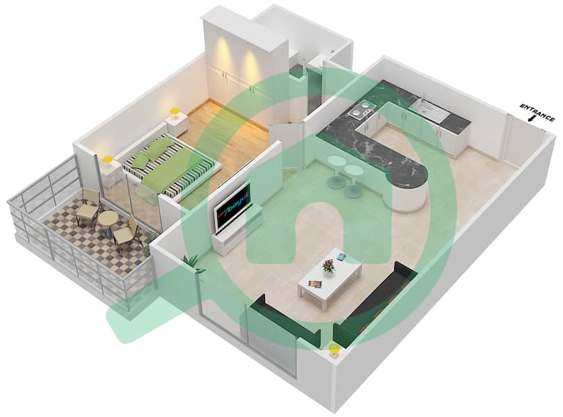 Тауэр 2 в Субурбии - Апартамент 1 Спальня планировка Тип K Floor 1 interactive3D