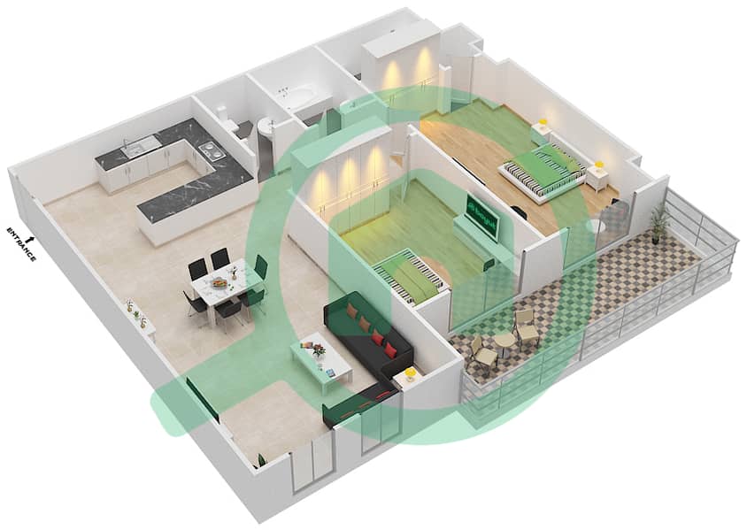 郊区大厦2号 - 2 卧室公寓类型O戶型图 Floor 1 interactive3D