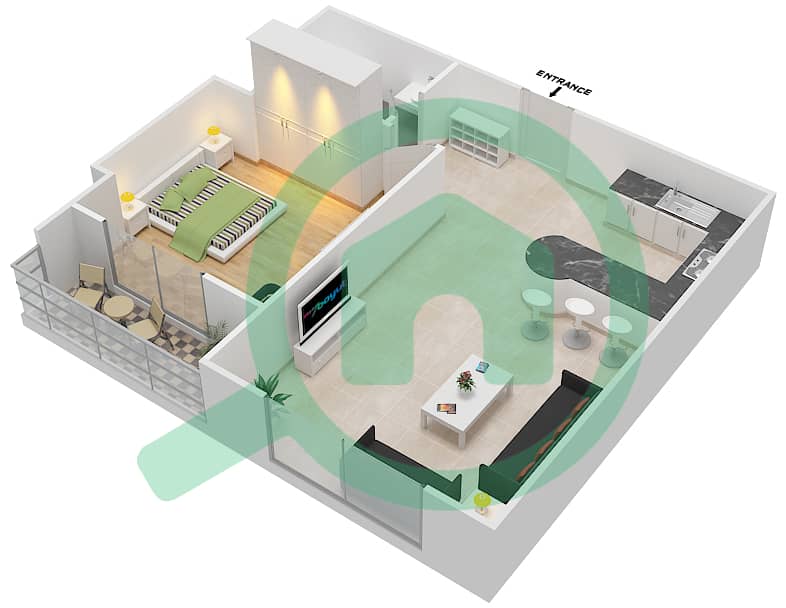 郊区大厦2号 - 1 卧室公寓类型O戶型图 Floor 1 interactive3D