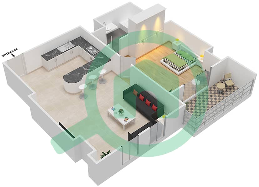 المخططات الطابقية لتصميم النموذج P شقة 1 غرفة نوم - برح صبربيا 2 Floor 1 interactive3D