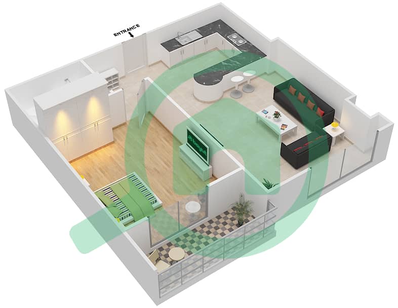 Тауэр 2 в Субурбии - Апартамент 1 Спальня планировка Тип Q Floor 1 interactive3D