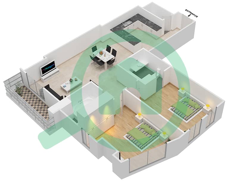Тауэр 2 в Субурбии - Апартамент 2 Cпальни планировка Тип P Floor 2 interactive3D