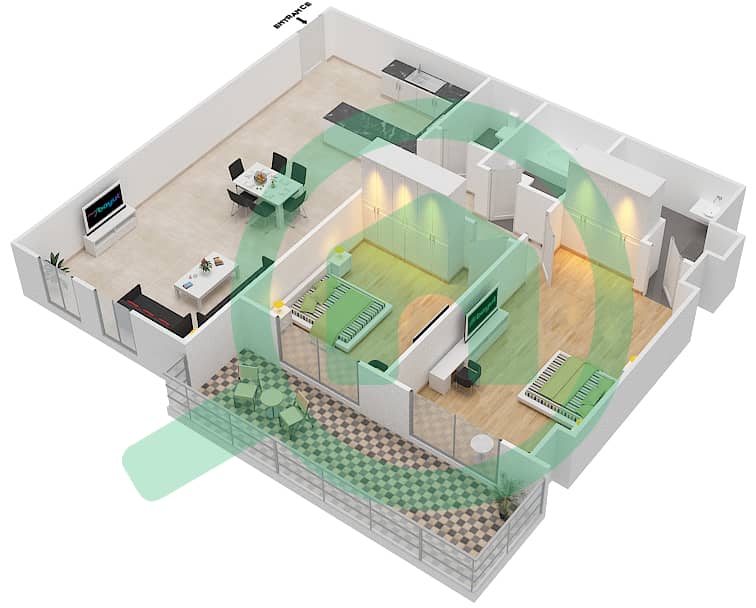 المخططات الطابقية لتصميم النموذج Q شقة 2 غرفة نوم - برح صبربيا 2 Floor 2 interactive3D