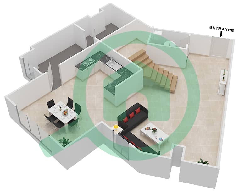 المخططات الطابقية لتصميم النموذج F DUPLEX شقة 2 غرفة نوم - برح صبربيا 2 Lower Floor interactive3D