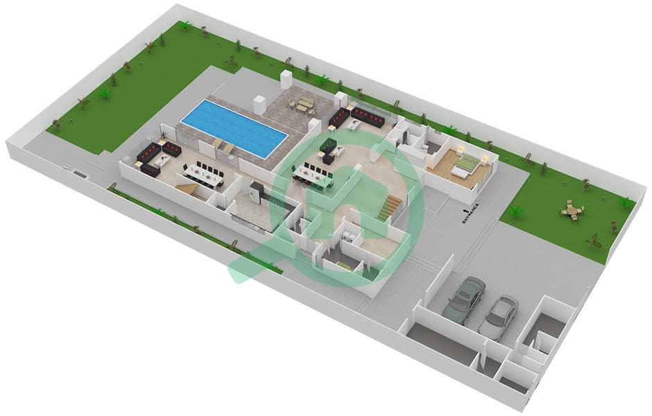 المخططات الطابقية لتصميم النموذج 4B فیلا 6 غرف نوم - حِد السعديات Ground Floor interactive3D