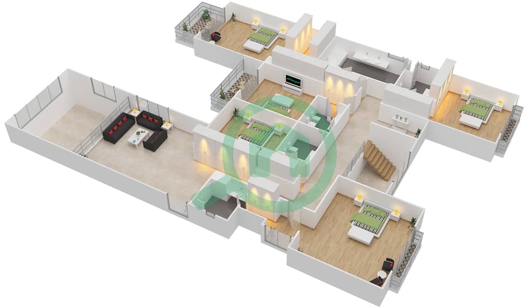 المخططات الطابقية لتصميم النموذج 4C فیلا 6 غرف نوم - حِد السعديات First Floor interactive3D