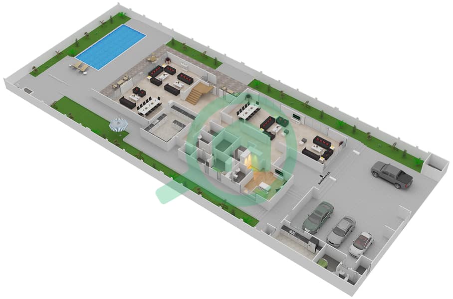 المخططات الطابقية لتصميم النموذج 3A فیلا 7 غرف نوم - حِد السعديات Ground Floor interactive3D