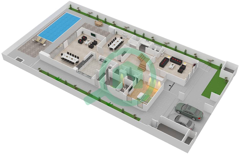 المخططات الطابقية لتصميم النموذج 6 فیلا 5 غرف نوم - حِد السعديات Ground Floor interactive3D