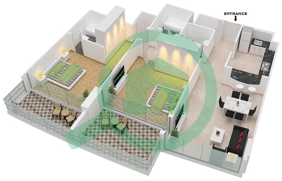 Дорра Бэй - Апартамент 2 Cпальни планировка Тип C interactive3D