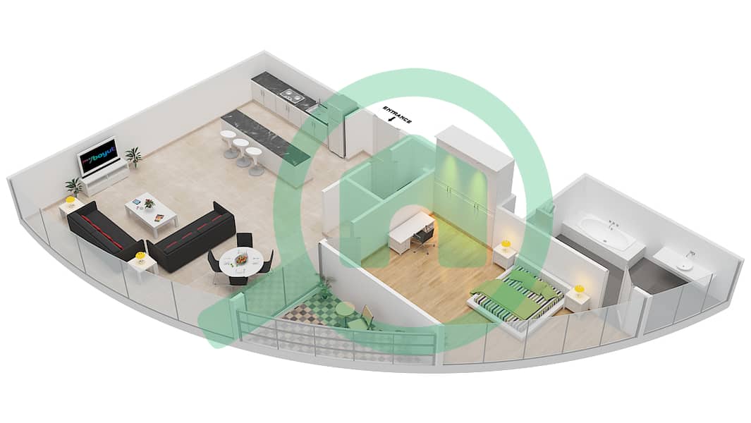 المخططات الطابقية لتصميم النموذج A شقة 1 غرفة نوم - برج بارك تاور A interactive3D