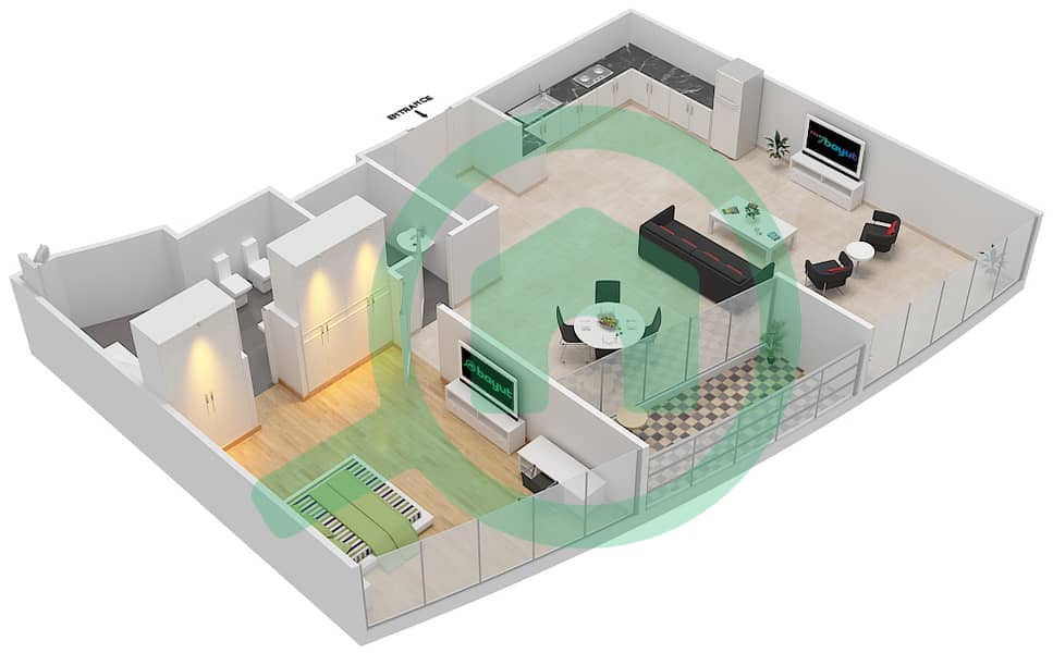 المخططات الطابقية لتصميم النموذج A1 شقة 1 غرفة نوم - برج بارك تاور A interactive3D