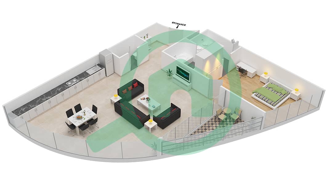 المخططات الطابقية لتصميم النموذج B شقة 1 غرفة نوم - برج بارك تاور A interactive3D