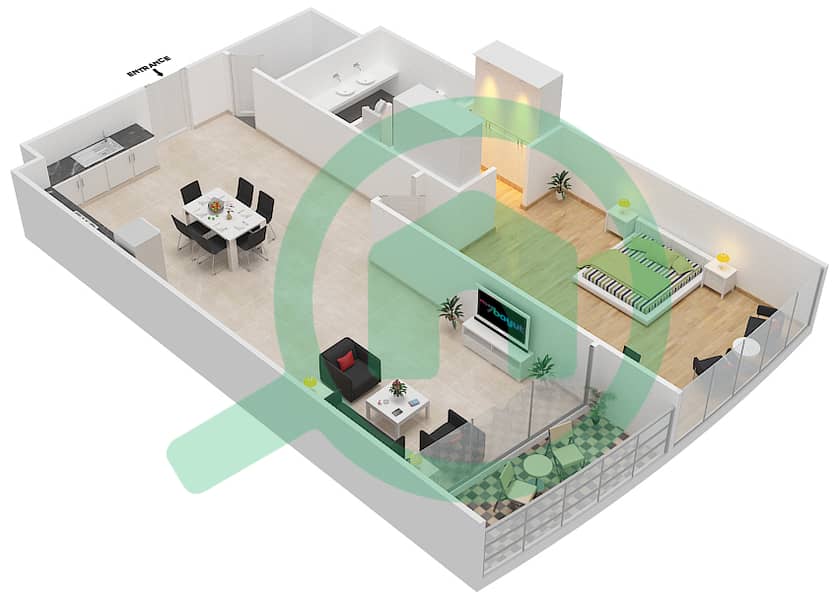 المخططات الطابقية لتصميم النموذج D شقة 1 غرفة نوم - برج بارك تاور A interactive3D