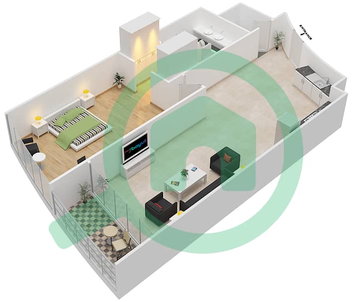 المخططات الطابقية لتصميم النموذج D1 شقة 1 غرفة نوم - برج بارك تاور A interactive3D
