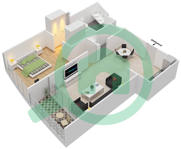 المخططات الطابقية لتصميم النموذج F شقة 1 غرفة نوم - برج بارك تاور A interactive3D