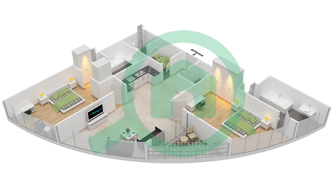 المخططات الطابقية لتصميم النموذج D شقة 2 غرفة نوم - برج بارك تاور A interactive3D