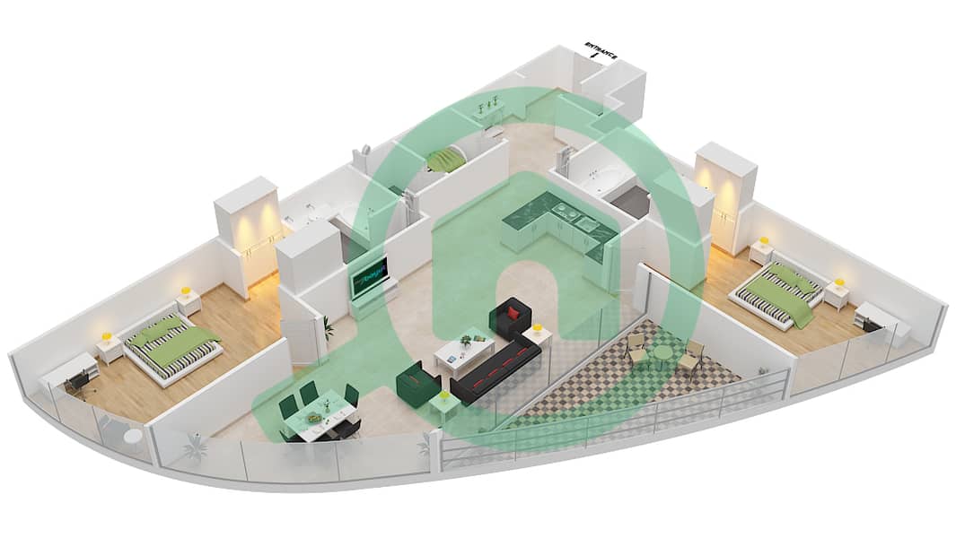 المخططات الطابقية لتصميم النموذج D1 شقة 2 غرفة نوم - برج بارك تاور A interactive3D