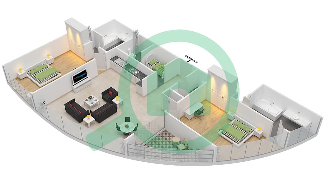 المخططات الطابقية لتصميم النموذج F شقة 2 غرفة نوم - برج بارك تاور A interactive3D