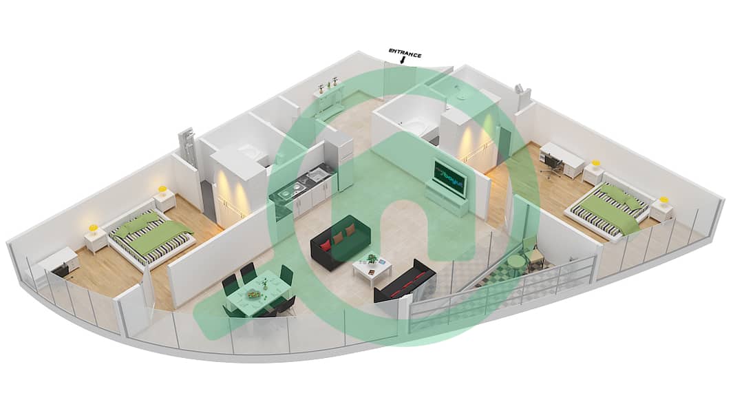公园塔楼A座 - 2 卧室公寓类型F1戶型图 interactive3D