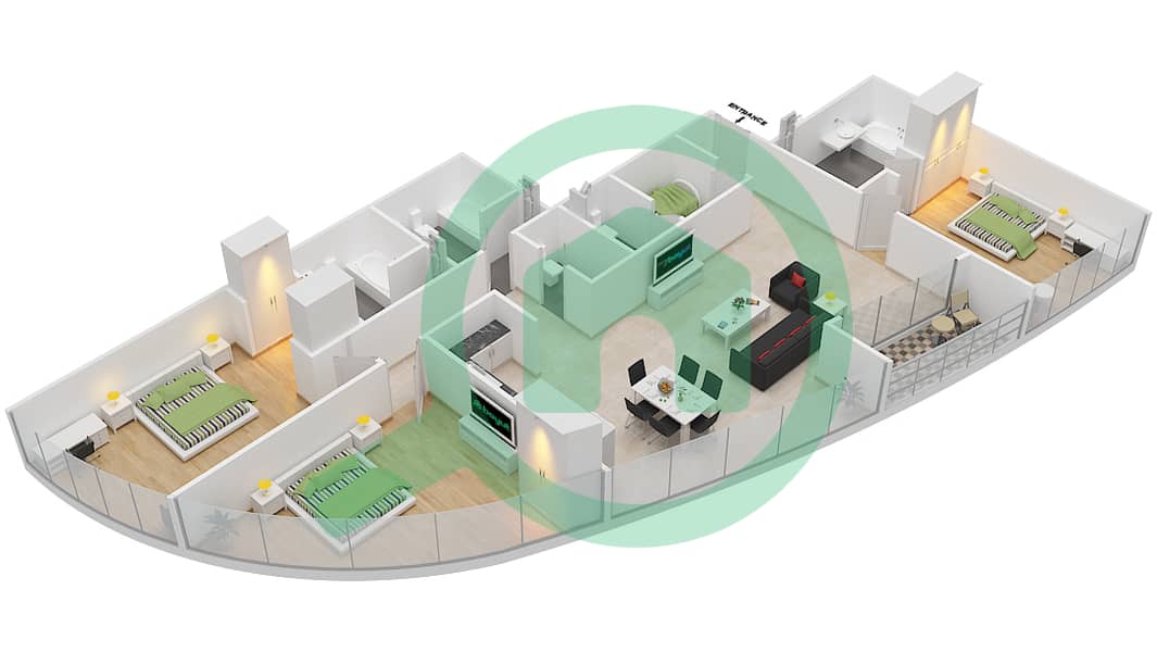 المخططات الطابقية لتصميم النموذج G شقة 3 غرف نوم - برج بارك تاور A interactive3D
