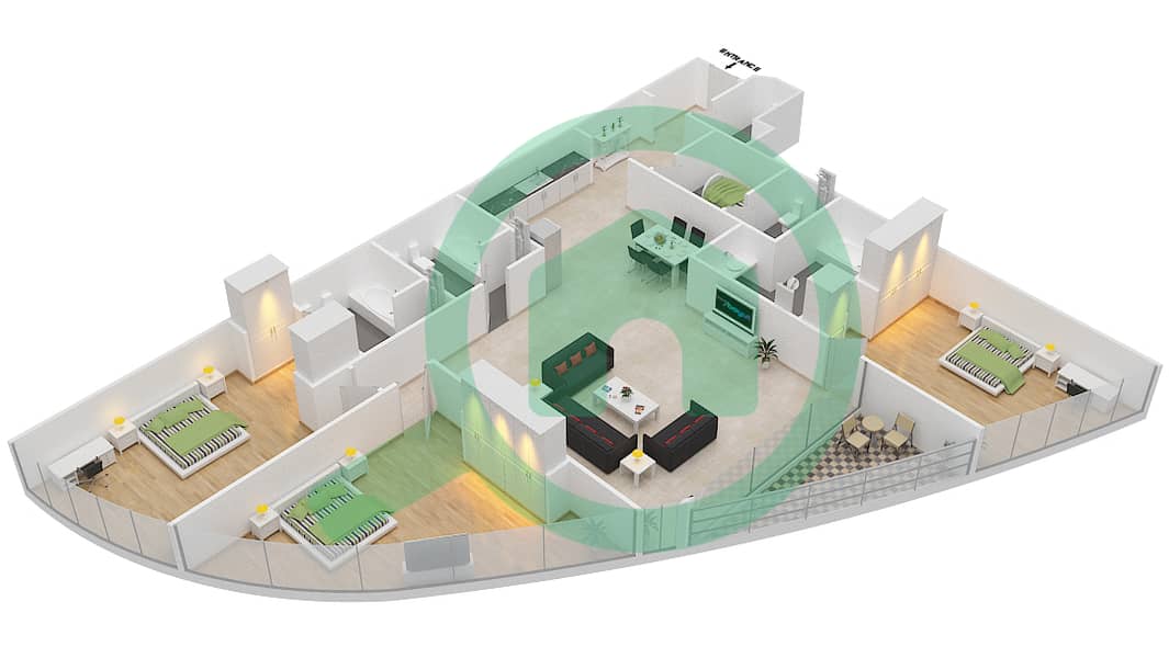 المخططات الطابقية لتصميم النموذج E شقة 3 غرف نوم - برج بارك تاور A interactive3D