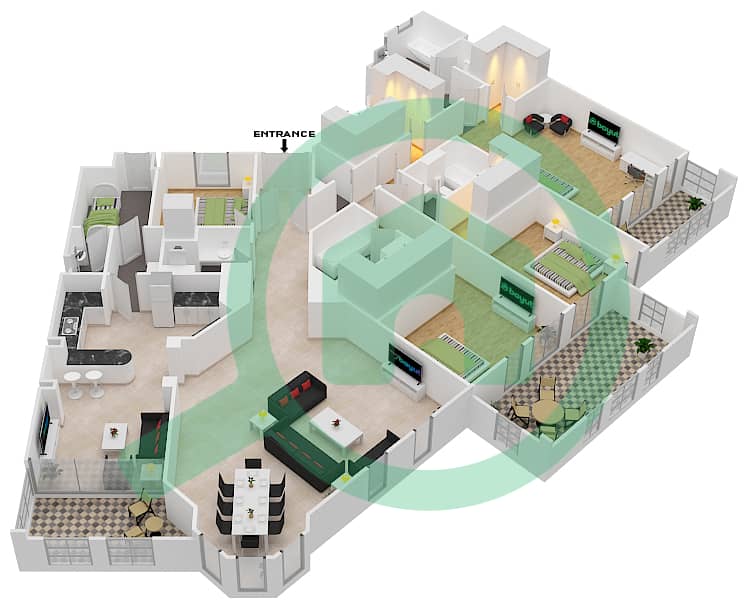 المخططات الطابقية لتصميم النموذج J GROUND FLOOR شقة 4 غرف نوم - بنايات البادية Ground Floor interactive3D