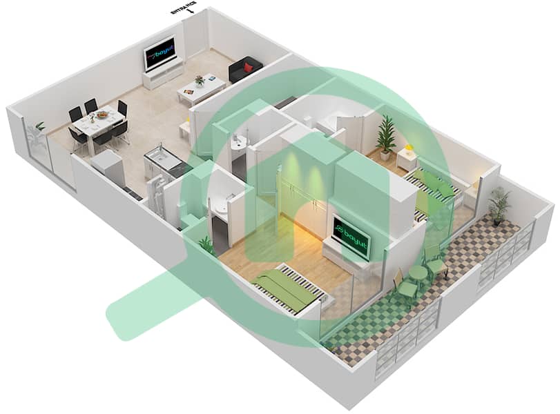 المخططات الطابقية لتصميم الوحدة 105 شقة 2 غرفة نوم - ريزورتز من دانوب 105
Floor 1 interactive3D