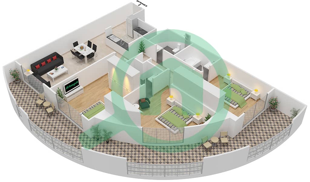 المخططات الطابقية لتصميم الوحدة 110 شقة 3 غرف نوم - ريزورتز من دانوب 110
Floor 1 interactive3D