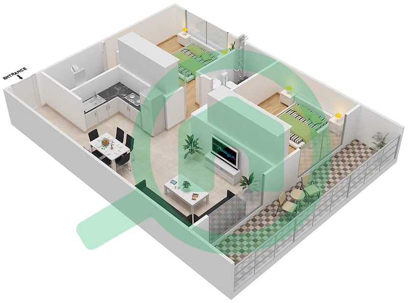 المخططات الطابقية لتصميم الوحدة 116 شقة 2 غرفة نوم - ريزورتز من دانوب 116
Floor 1 interactive3D