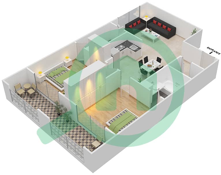 المخططات الطابقية لتصميم الوحدة 117 شقة 2 غرفة نوم - ريزورتز من دانوب Floor 1 interactive3D