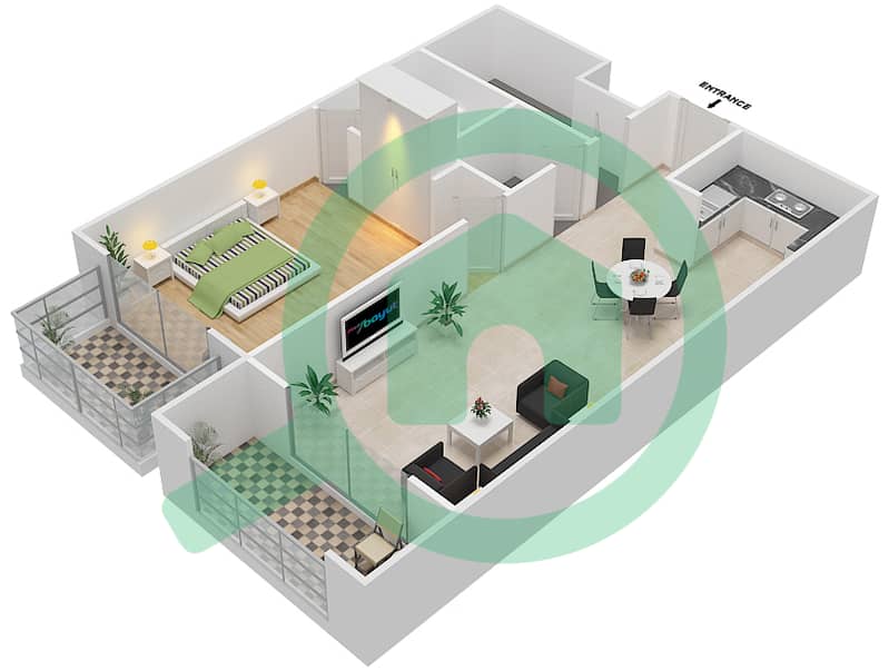 المخططات الطابقية لتصميم الوحدة 119 شقة 1 غرفة نوم - ريزورتز من دانوب Floor 1 interactive3D