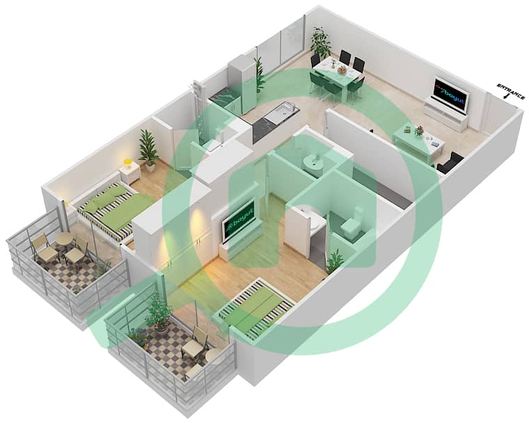 المخططات الطابقية لتصميم الوحدة 406 شقة 2 غرفة نوم - ريزورتز من دانوب Unit-406
Floor 4 interactive3D