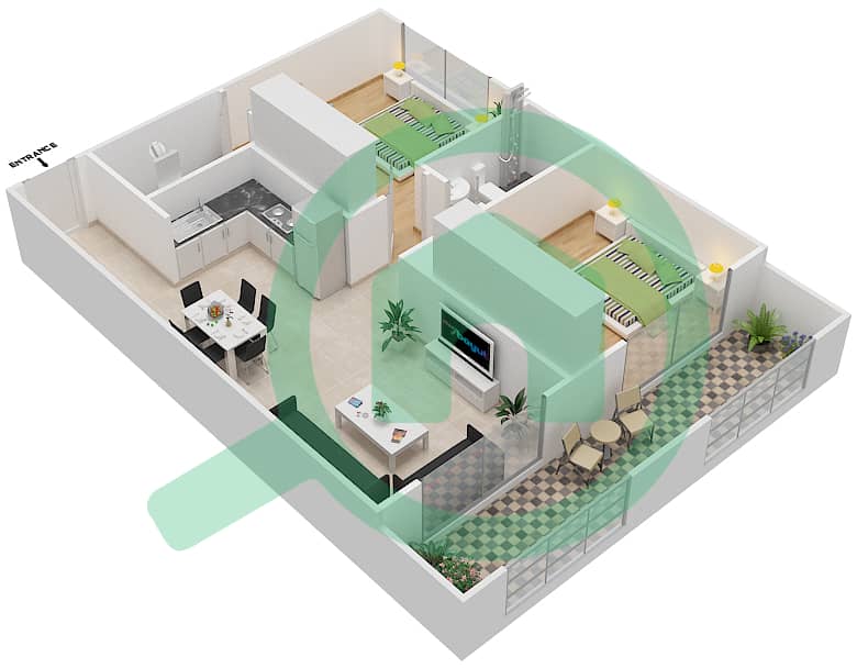 المخططات الطابقية لتصميم الوحدة 223 شقة 2 غرفة نوم - ريزورتز من دانوب Floor 2 interactive3D